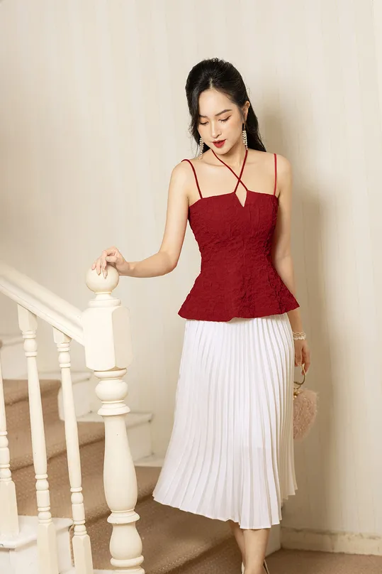 Áo kiểu 2 dây màu đỏ dáng peplum ASM17-09